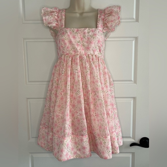 MABLE Dresses & Skirts - NEW MABLE Pink Floral Ruffle Tiered Criss Cross Back Mini Dress L Girly Flirty